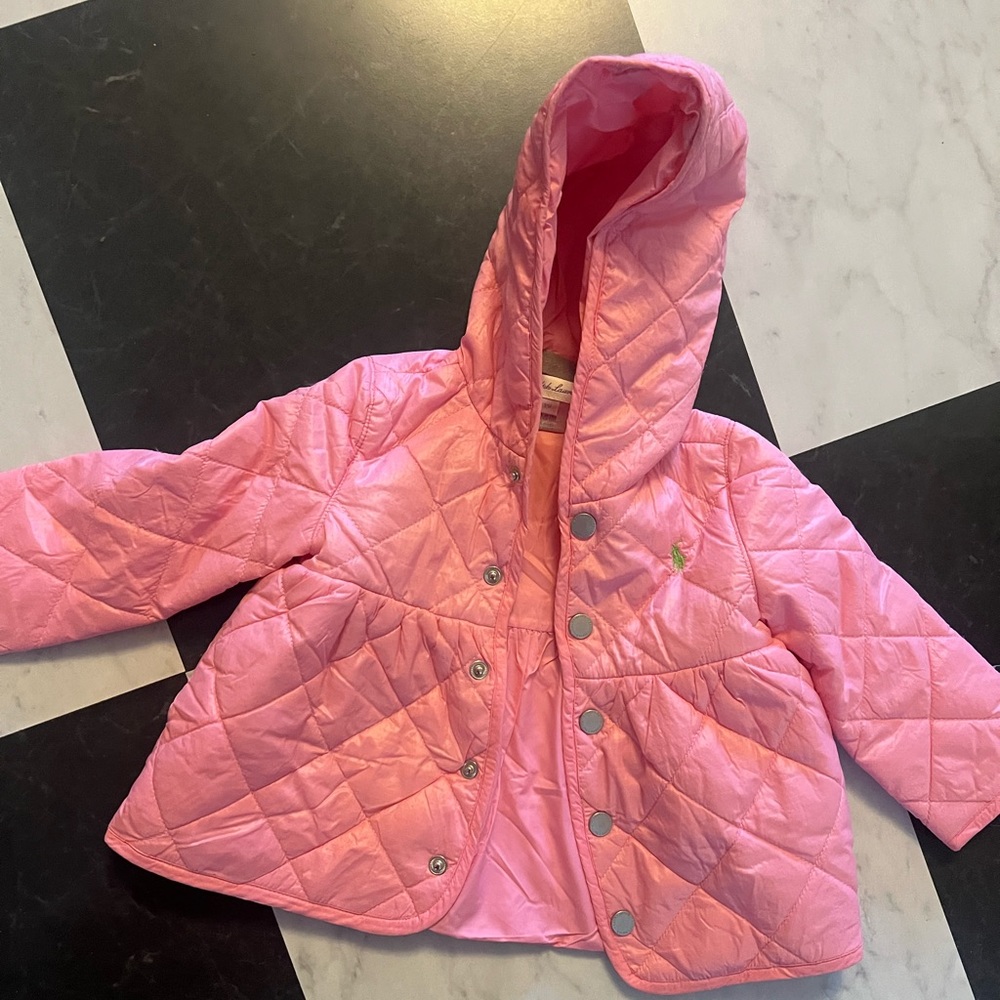 Girls Ralph Lauren light weight, light pink, puff jacket with hood.